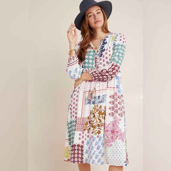 NWT Anthropologie Daniel Rainn Westerly Patchwork Midi Dress Size XSP - Picture 1 of 14